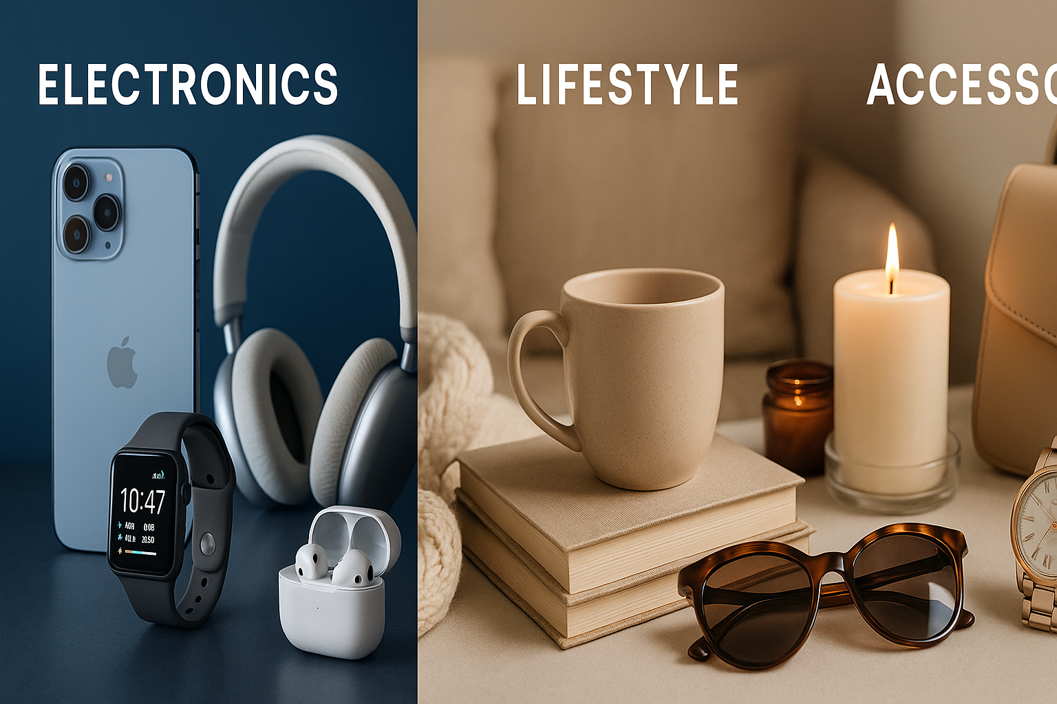 Generate me a collage of 4 differents pictures with the size of a banner with the theme WELLNESS -ELECTRONICS-LIFESTYLE-ACCESORIES.JUST THE VISUAL